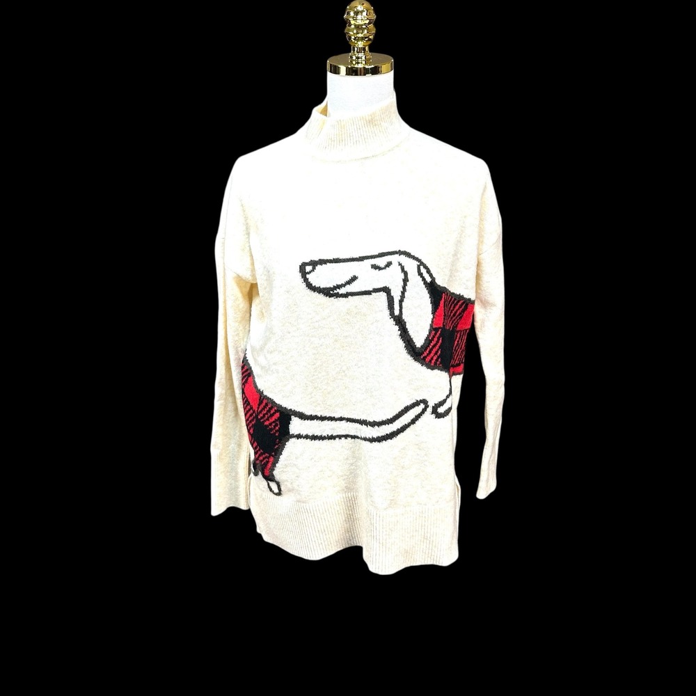 LOFT Womens Ivory Dachshund Buffalo Plaid Mock Neck Sweater Small Dog Graphic